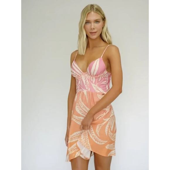 [Maaji] Pink Orange Ombre Tropical Foliage Corset Bust Mini Dress NWT Sz Large L - Picture 1 of 11